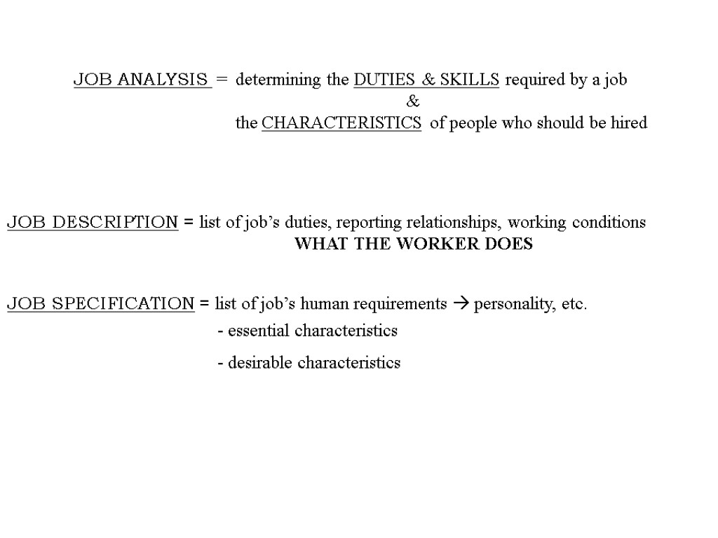 JOB ANALYSIS = determining the DUTIES & SKILLS required by a job & the